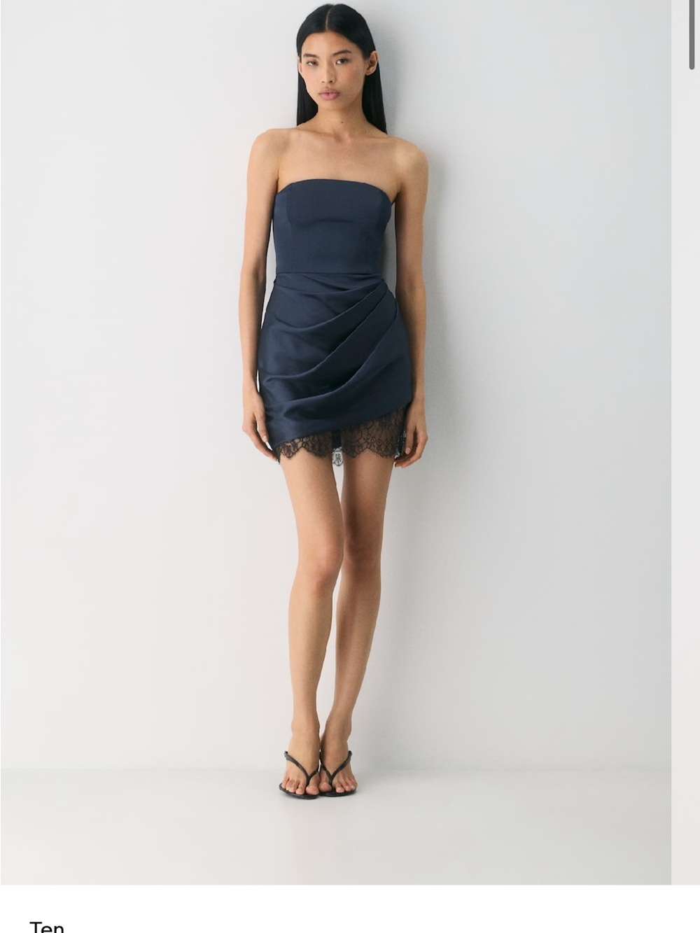 Aritzia showtime strapless satin mini dress navy blue with black lace hem